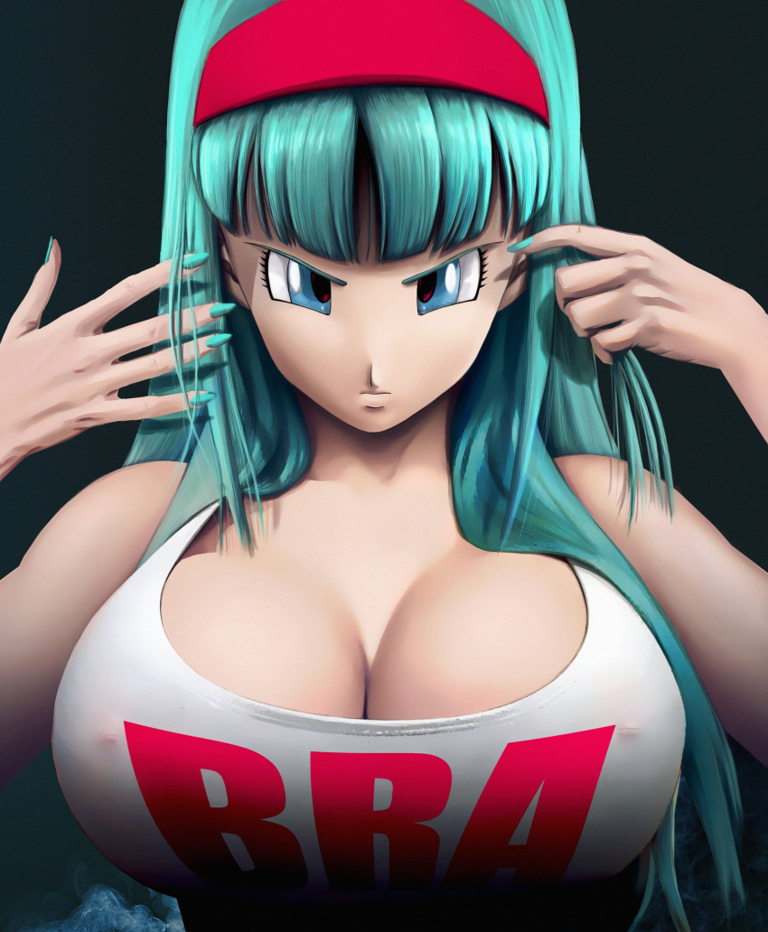 1girls big_breasts blue_eyes blue_hair bra_(dragon_ball) bra_briefs breasts cleavage clothed clothing color dragon_ball dragon_ball_gt dragon_ball_z elitenappa english english_text female female_only hairband huge_breasts line_art long_hair looking_at_viewer nipple_bulge novasayajingoku shounen_jump solo solo_focus tank_top teenager