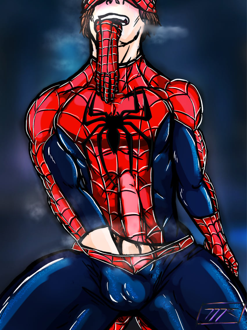 1boy bitting blush brown_hair bulge commission costume digital_media_(artwork) groping_self hand_down_pants hand_in_pants hero hero_suit kojoarts light_skin male male_only marvel marvel_comics naughtypaw_(artist) penis_outline peter_parker pleasure_face pleasured red_and_blue self_pleasure solo spider-man spider-man_(series) steamy steamy_breath straight_hair superhero ttherandom tthrandom tthrandom_rp