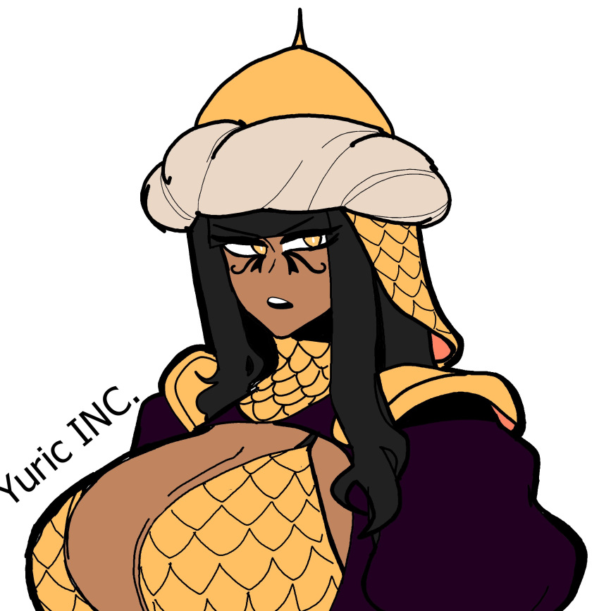 big_breasts black_hair bra breasts chainmail chainmail_bikini country_inc_(yuric_inc) egypt_(yuric_inc) exposed_breasts hat long_hair overcoat shoulder_pads yellow_eyes yellow_fur yuric_inc