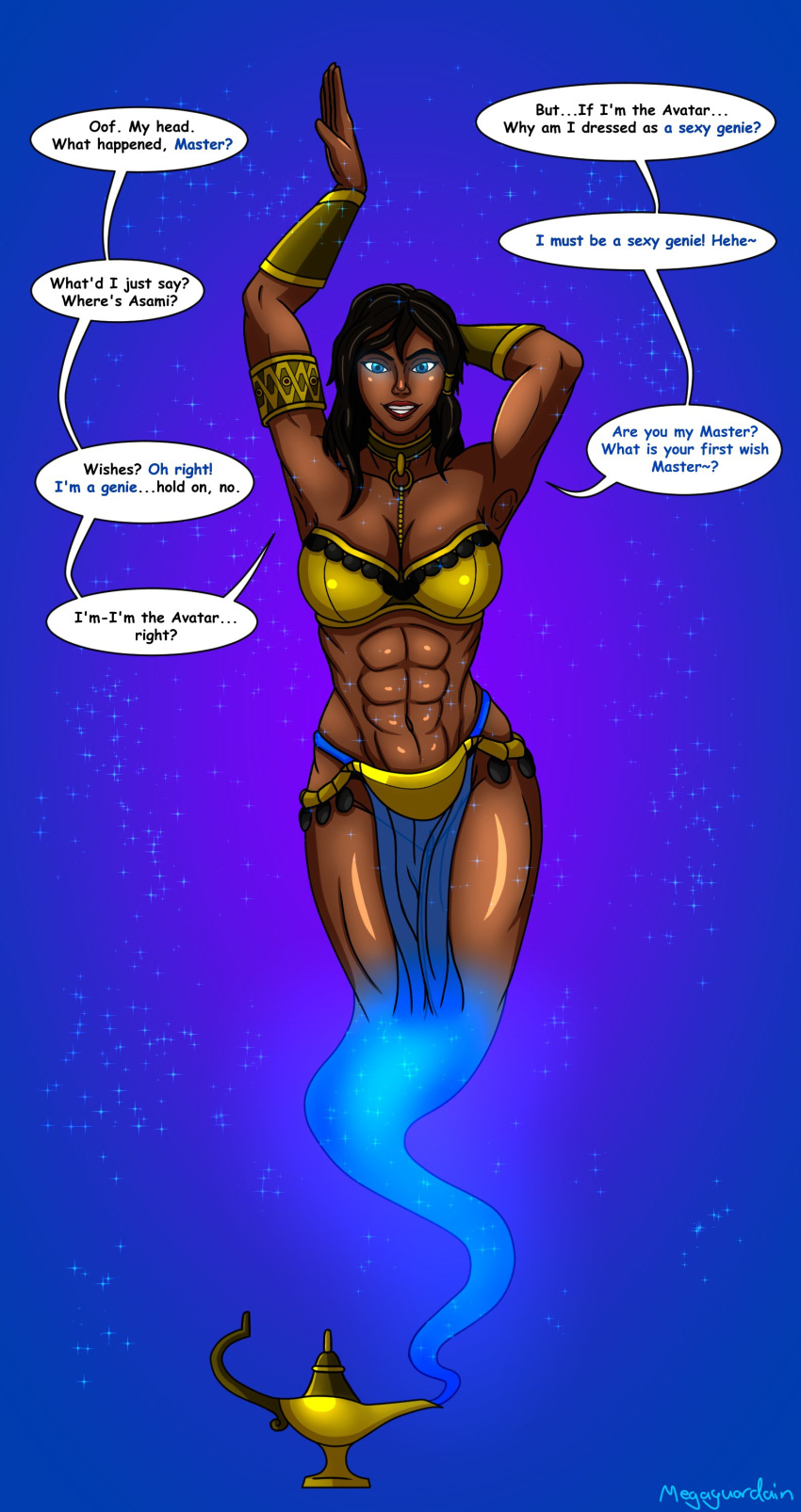 1girls abs armband armlet artist_name avatar_legends blue_eyes brainwashing clothing collar corruption dark-skinned_female dark_brown_hair djinn english_text female genie hair_tubes jewelry korra lamp large_breasts loincloth looking_at_viewer megaguardain muscular muscular_female slave_collar smile smiling_at_viewer solo solo_female speech_bubble straight_hair text the_avatar the_legend_of_korra voluptuous water_tribe wristband wristbands