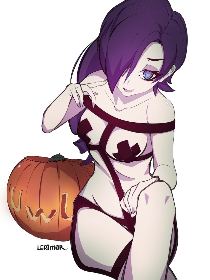 1girls breasts covered_nipples female female_focus female_only lerimar partially_clothed pumpkin purple_eyes purple_hair simple_background uwu zone-tan