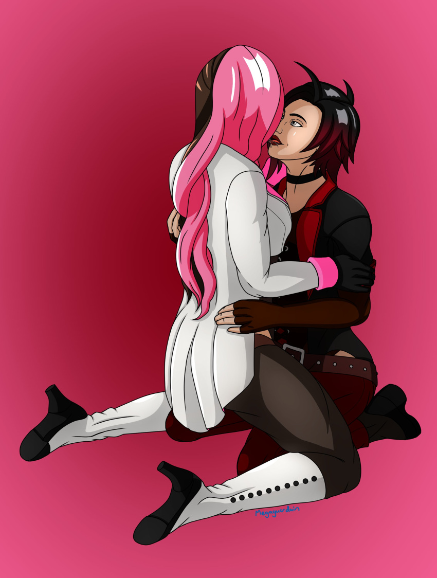 2girls brainwashing choker female female_only femdom femsub high_heel_boots high_heels hypnosis kissing megaguardain mind_control neo_(rwby) ruby_rose rwby saliva_trail slave yuri