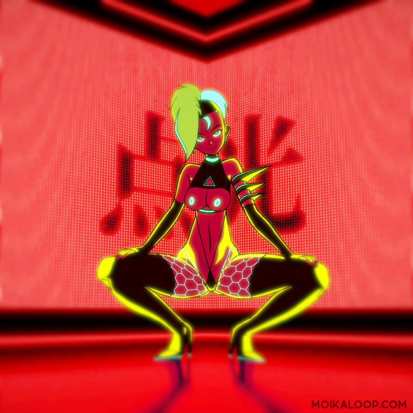 1girls animated asymmetrical_hair breasts dance gif high_heel_boots japanese_text moika moikaloop neon nipples original original_character shaved_side skimpy website