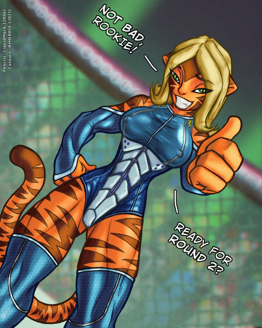 blonde_hair clixsposing_kitraandra erect_nipples erect_nipples_under_clothes four_fingers furry furry_ears furry_tail himerosy jumpsuit kitraandra liquidmark liquidmark-alpha liquidmark_(artist) muscles muscular muscular_female muscular_thighs smile solo solo_female stripes thumbs_up tight_clothing unusual_ears