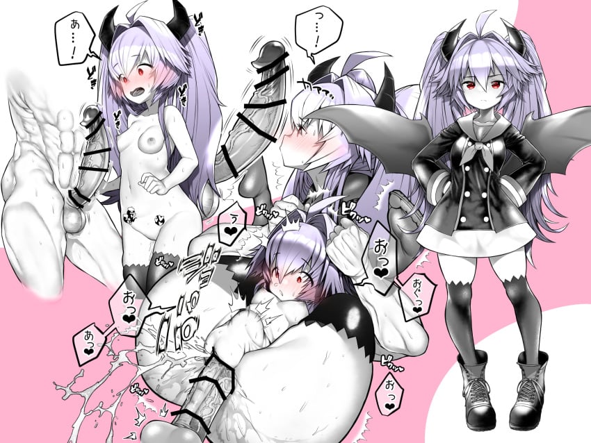 abs bar_censor blush boots breasts censored dress esouko female female_ejaculation hands_on_hips highres horns large_penis long_hair looking_at_viewer monochrome nipples nude original penis purple_hair pussy_juice red_eyes sailor_dress sex small_breasts snot straight sweat testicles thighhighs vaginal_penetration wings