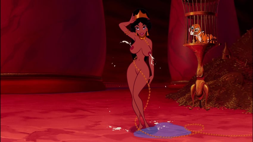 1girls aladdin black_hair breasts brown_eyes collar disney disney_princess edit evil_queen_jasmine hourglass_figure lactating milk nude princess_jasmine pussy screenshot screenshot_edit slave_collar smile spill tiger tittydispenser vagina