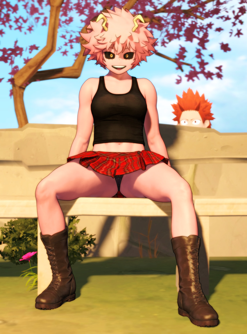 1boy 1girls 3d boots eijirou_kirishima kirimina legs_spread mina_ashido my_hero_academia outside panties pink_hair pink_skin pixeladdict red_hair shounen_jump skirt smile source_filmmaker tank_top upskirt