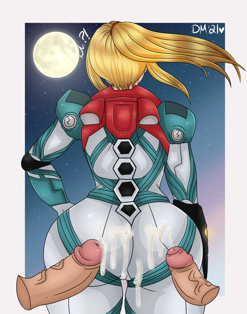 1girls armor armour ass ass_focus blonde_hair bottom_heavy cameltoe clothed cum cum_on_ass cum_on_clothing dat_ass discordmelody female female_focus female_protagonist male metroid metroid_dread nintendo penis power_suit samus_aran