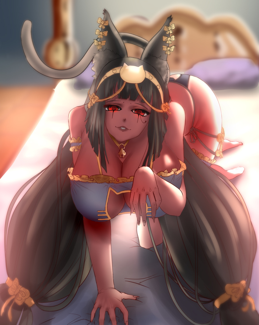 bedroom big_ass big_breasts black_panties blunt_bangs cat_girl cleopatra cleopatra_(metal_slug) collar egyptian long_hair looking_at_viewer melowh metal_slug metal_slug_attack red_body red_eyes red_skin seductive snk stfarts