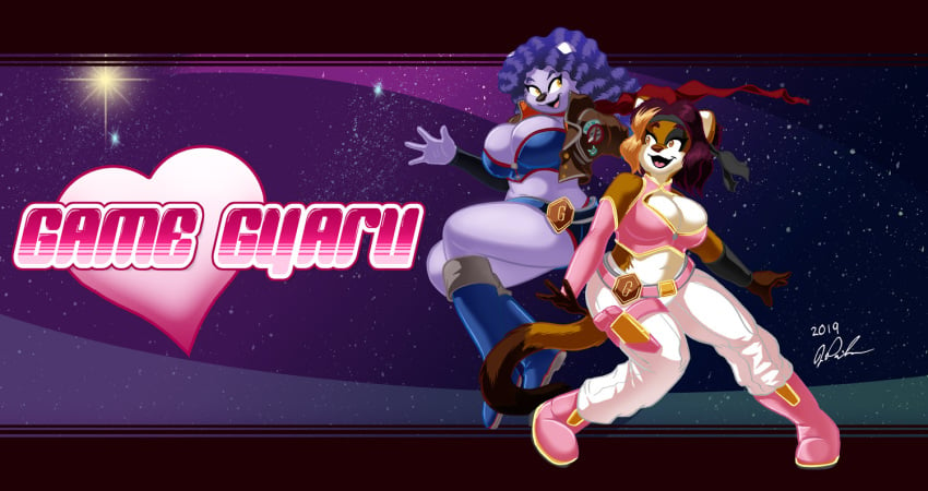 2019 2girls alternate_version_available amber_eyes anthro big_breasts breasts busty chubby cleavage cosplay costume feline female furry furry_breasts furry_tail game_grumps game_gyaru hourglass_figure jonathan_ponikvar peter_and_company peter_and_whitney purple_fur purple_hair signature voluptuous whitney_ponikvar wide_hips