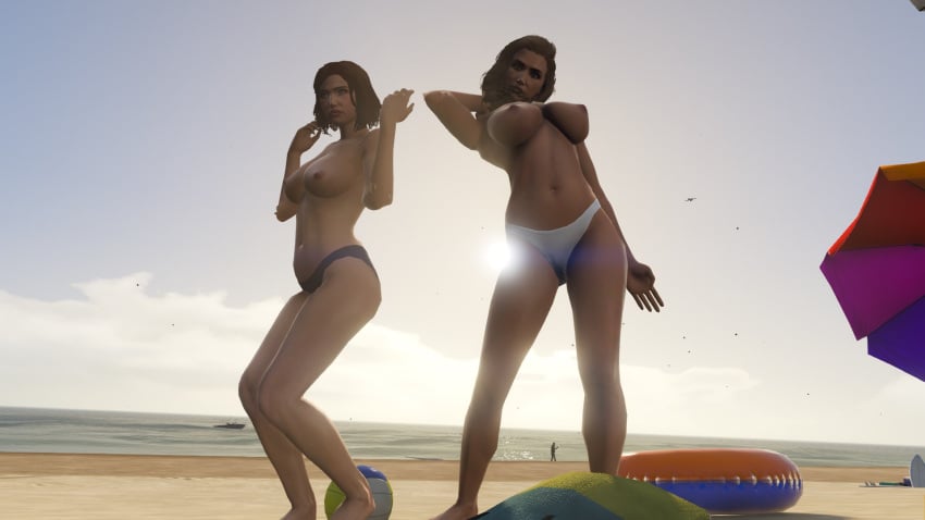 2girls 3d ass beach black_panties breasts brown_hair grand_theft_auto grand_theft_auto_online grand_theft_auto_v initial_d kyoko_iwase nude posing sayuki sayuki_(initial_d) white_hair white_panties yuri