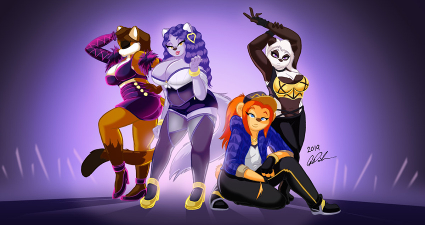 2019 4girls alternate_version_available amber_eyes anthro big_breasts breasts busty chubby cleavage cosplay costume feline female furry furry_breasts furry_tail hourglass_figure jonathan_ponikvar k/da_series league_of_legends opra peter_and_company peter_and_whitney purple_fur purple_hair signature voluptuous whitney_ponikvar wide_hips