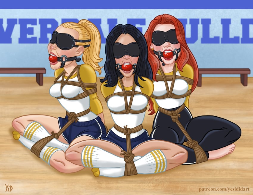 actress archie_comics arms_behind_back ball_gag betty_cooper black_hair blindfold blonde_hair blush bondage bound camila_mendes caucasian caucasian_female celebrity cheerleader cheerleader_uniform cheryl_blossom chest_harness drool drooling female female_only femsub fully_clothed gag gagged harness_gag helpless human in_character latina lili_reinhart looking_at_viewer madelaine_petsch multiple_girls multiple_subs pale_skin red_hair riverdale rope school school_uniform tied_legs veronica_lodge yes_i_did