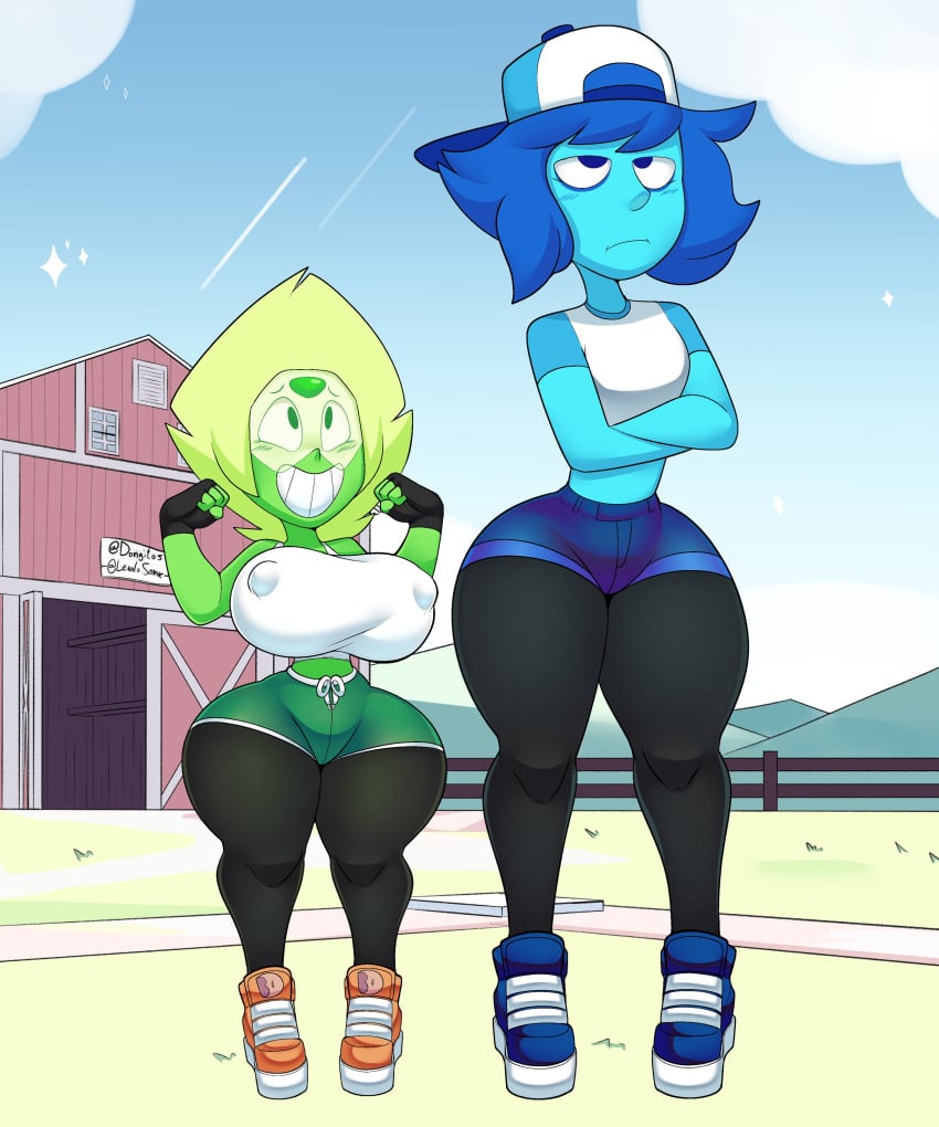 2d 2d_(artwork) 2girls baseball_cap big_breasts big_hips bimbo blue_body blue_female blue_hair blue_skin booty_shorts dongitos female female_only gem_(species) green_body green_skin hourglass_figure huge_breasts lapis_lazuli_(bob) lapis_lazuli_(steven_universe) nipple_bulge peridot_(steven_universe) short_hair short_shorts shortstack sneakers steven_universe stockings tagme wide_hips