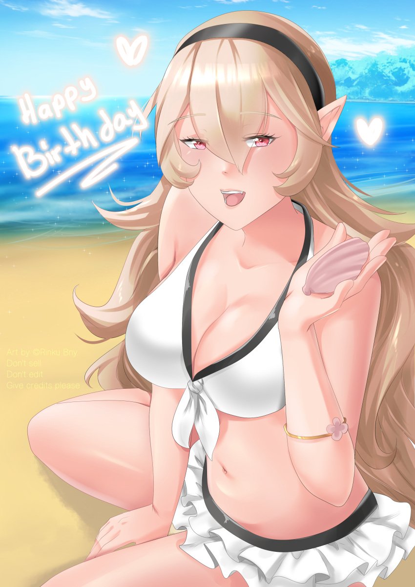 1girls alternate_costume bare_midriff beach bikini bikini_skirt blonde_hair cleavage corrin_(fire_emblem) corrin_(fire_emblem)_(female) corrin_(summer)_(fire_emblem)_(female) fire_emblem fire_emblem_fates fire_emblem_heroes hair_over_one_eye happy_birthday large_breasts long_hair looking_at_viewer nintendo ocean open_mouth open_smile red_eyes rinku_bny seaside shell smile solo solo_female swimsuit very_long_hair white_bikini white_swimsuit