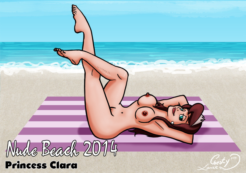 1girls beach blue_eyes breasts brown_hair chesty_larue crown drawn_together ear_piercing female legs_up lipstick looking_at_viewer medium_hair naked nipples nude ocean outdoors outside princess_clara pussy sand solo towel vagina water white_skin