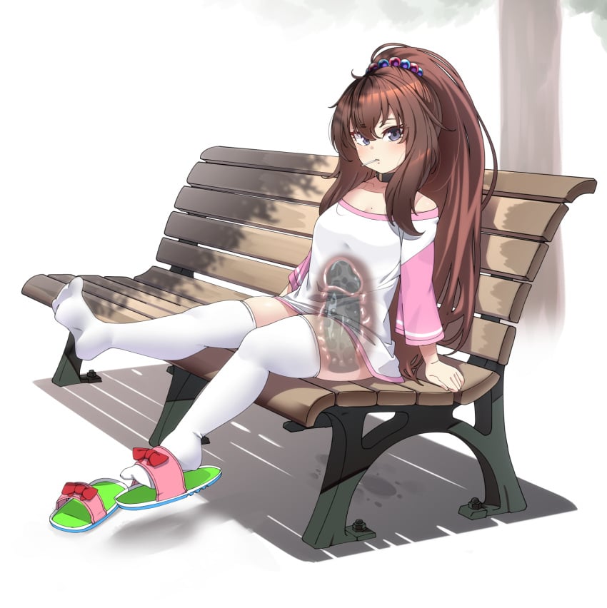 1girls bench blush bow breasts brown_hair candy cervical_penetration cervix choker collar commentary_request daughter_(konoshige) deep_penetration dildo dildo_riding dildo_sitting dildo_under_clothes exhibitionism eyebrows_visible_through_hair female female_only food food_in_mouth full_body hair_between_eyes hair_ornament high_ponytail highres konoshige_(ryuun) legs_up lollipop long_hair looking_at_viewer object_insertion original ponytail public purple_eyes pussy_juice red_bow ryuun_(stiil) sex_toy shirt simple_background sitting sitting_on_dildo skindentation slippers solo solo_female stealth_masturbation teen thighhighs vaginal_object_insertion vaginal_penetration white_background white_legwear x-ray