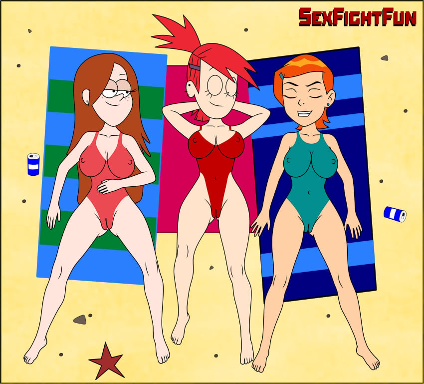 3girls aged_up beach ben_10 bikini cameltoe cartoon_network cleavage crossover disney disney_channel disney_xd erect_nipples female_only foster's_home_for_imaginary_friends frankie_foster gravity_falls green_swimsuit gwen_tennyson human multiple_girls nickelodeon pink_swimsuit red_hair red_swimsuit sand sexfightfun straight_hair sunbathing swimsuit swimwear threesome wendy_corduroy