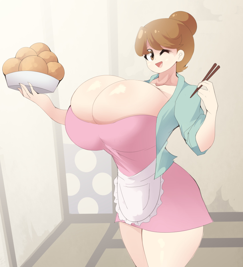 1girls 2021 apron big_breasts ch3rrycupcakes cleavage hair_bun huge_breasts kill_la_kill mankanshoku_sukuyo mature_female milf open_mouth source_request studio_trigger tagme thick thick_thighs thighs wink