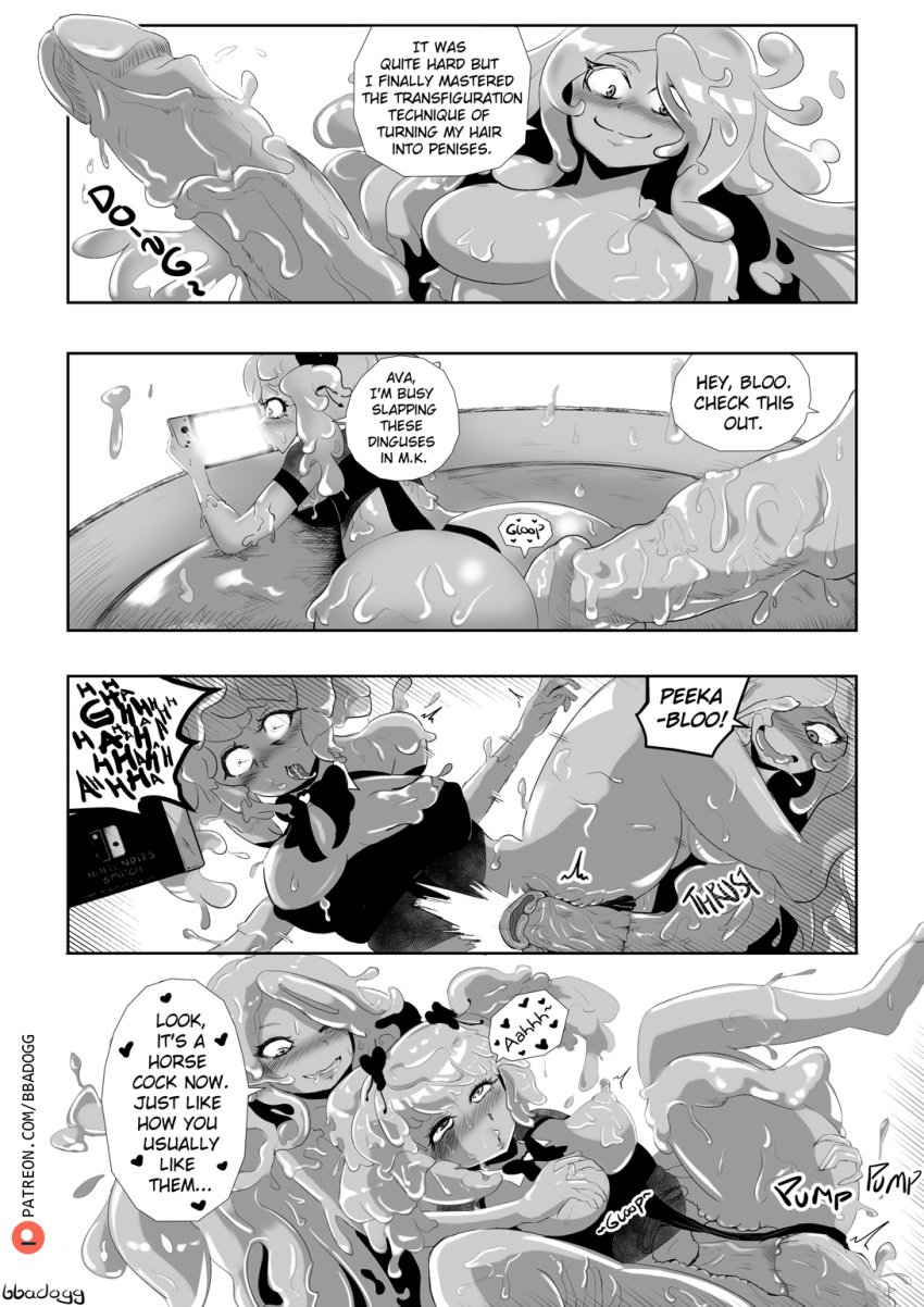 1futa 1girls 4koma bbadogg big_breasts big_dom_small_sub big_penis breasts comic dialogue duo female femsub from_behind fucked_silly futa_on_female futadom futanari glans humanoid humanoid_penis larger_futanari line_art manga monochrome original penis see-through see-through_body sex shading shiny shiny_skin signature simple size_difference slime slime_girl smaller_female speech_bubble text vaginal_penetration virtual_youtuber