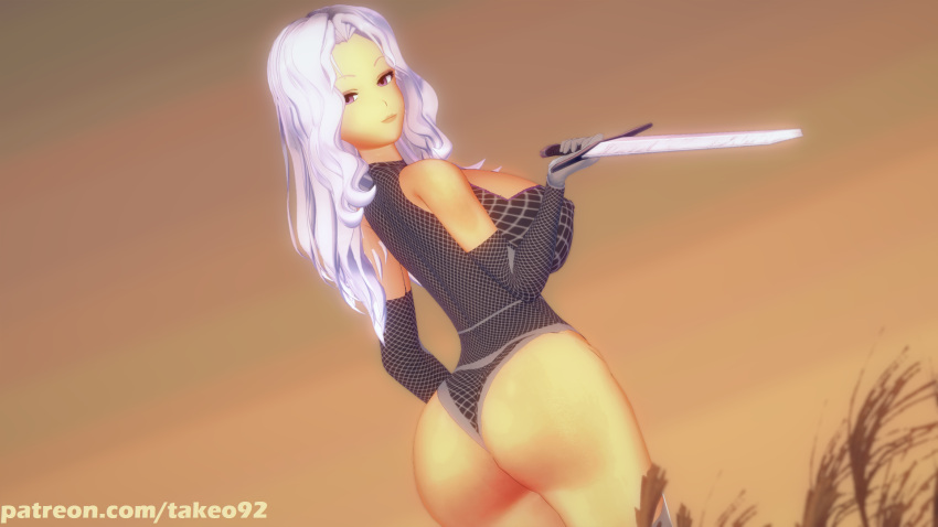 1girls 3d 3d_(artwork) armor big_ass big_breasts bubble_butt chainmail curvaceous curvy erect_nipples evening female_focus female_only field gloves half-closed_eyes holding_weapon hourglass_figure huge_ass huge_breasts koikatsu large_ass large_breasts leotard long_gloves looking_at_viewer nipples_visible_through_clothing original original_character patreon pinup purple_eyes revealing_clothes seductive smile smiling standing sunset sword takeo92 tamara_wolfsbane_(takeo92) text thick_ass thick_thighs tight_clothing underboob voluptuous white_hair wide_hips