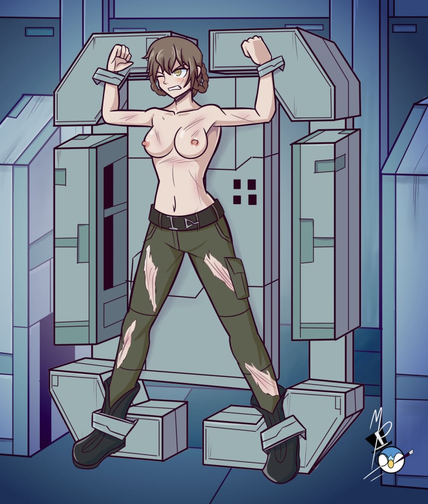 1girls amane_suzuha arms_up artist_request background belt bondage boots cargo_pants clenched_teeth crop_top hazel_eyes legs_apart legs_held_open legs_spread looking_away medium_breasts metal_gear_solid midriff mrpenguin navel nipples pants short_hair stationary_restraints steins;gate steins;gate_0 topless torn_clothes torture torture_device twin_braids whip_marks