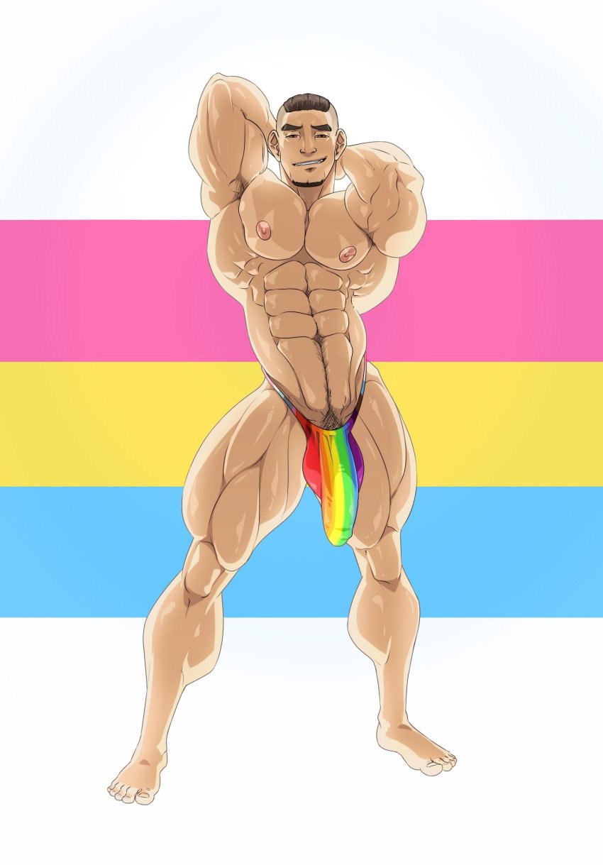 1boy abs arms_behind_head biceps black_hair facial_hair flexing gay gay_pride happy_trail human human_only kartos looking_at_viewer male_only muscle muscles muscular muscular_arms muscular_back muscular_legs muscular_male muscular_thighs nipples pecs pride_2021 pride_colors rainbow smile smiling smiling_at_viewer speedo