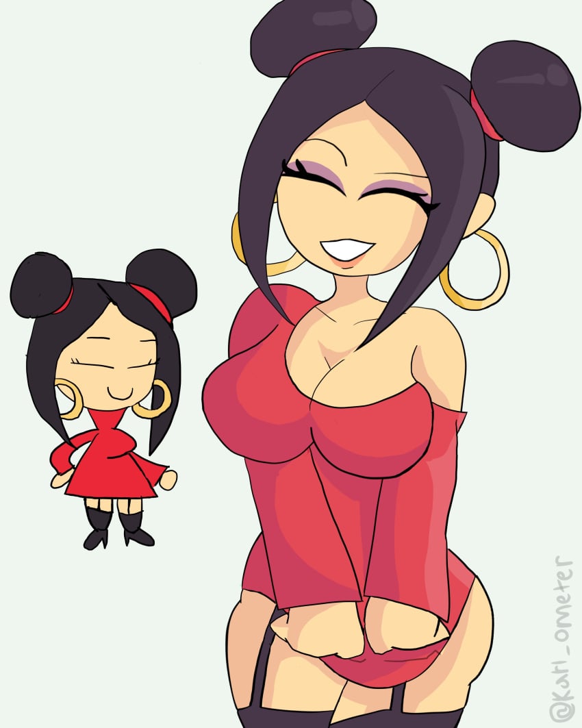 1girls cleavage double_bun dress dress_pull earrings female female_only hair_bun karlometer lipstick makeup pucca pucca_(franchise) solo tagme thighhighs thighs