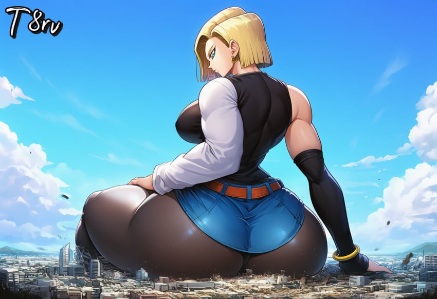 ai_generated android_18 city city_destruction clothed clothing crush crushing dragon_ball dragon_ball_super dragon_ball_z giant_ass giant_thighs giantess sitting t8r voluptuous voluptuous_female