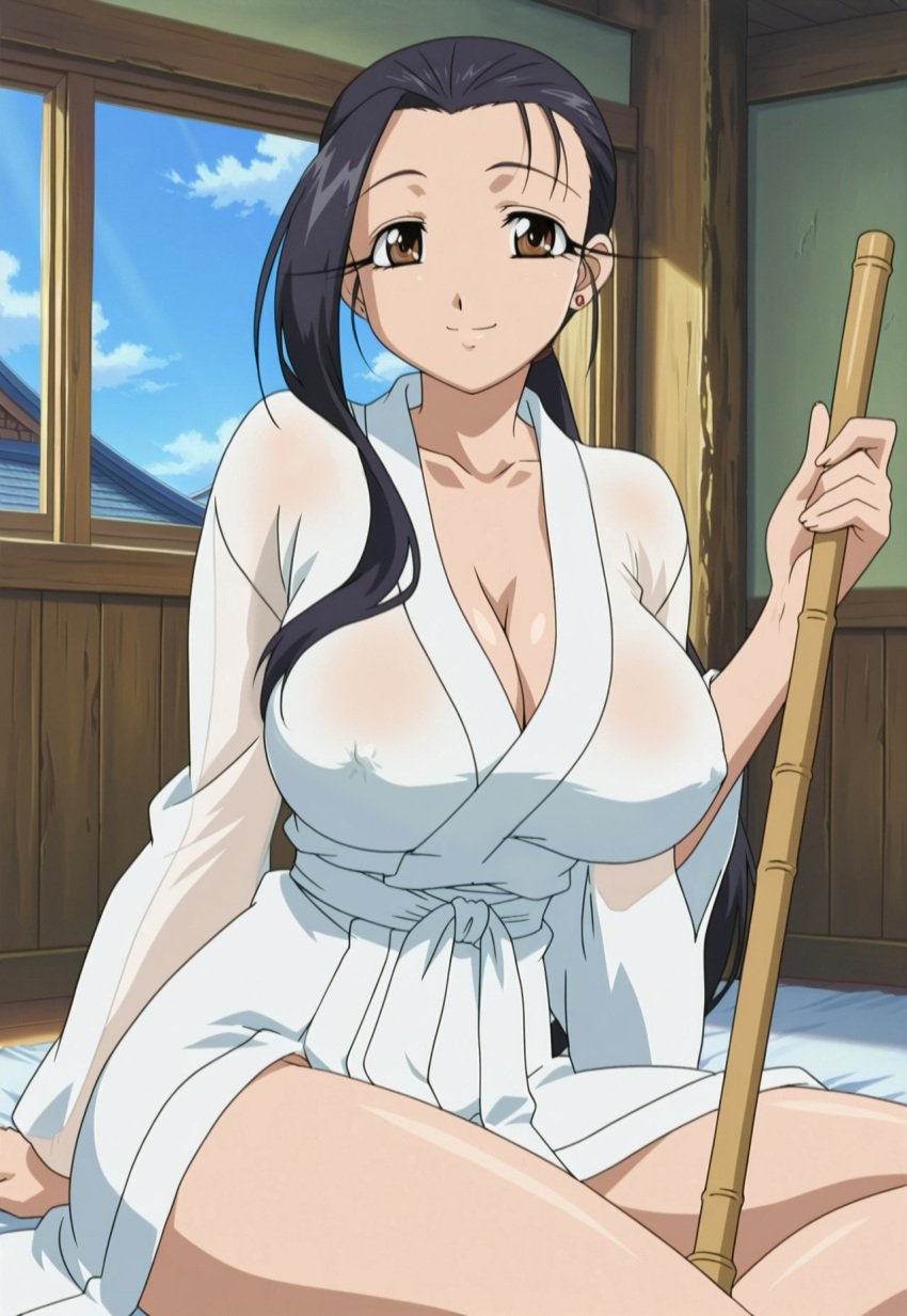 1girls ai_generated amaenaideyo amaenaideyo!! black_hair breasts broom brown_eyes cleavage female indoors kimono large_breasts long_hair looking_at_viewer mature_female miyako_amanogawa ponytail sitting smile