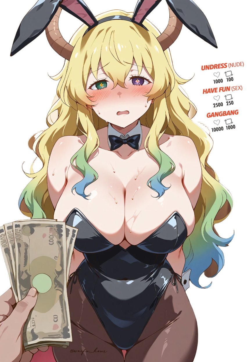 1girls ai_generated big_breasts blush bow breasts bunny_ears female heterochromia horns leotard long_hair lucoa miss_kobayashi&#039;s_dragon_maid money multicolored_hair open_mouth pantyhose quetzalcoatl_(dragon_maid) sweat yellow_hair