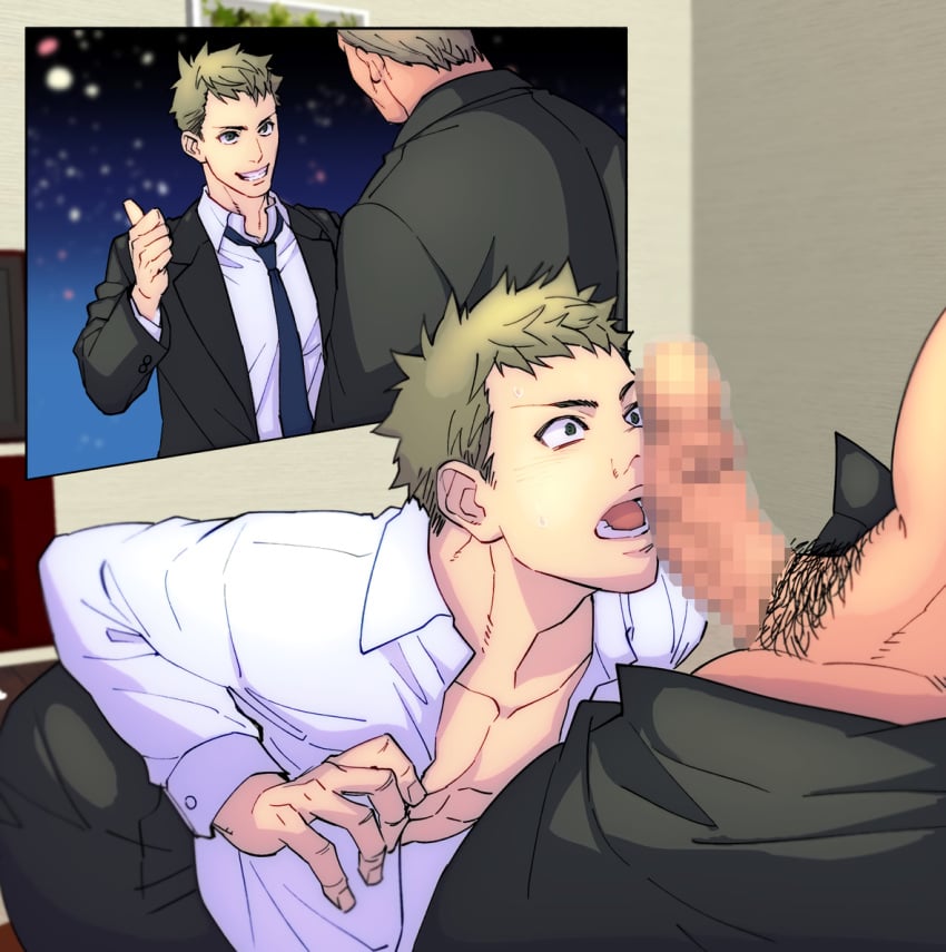 2boys big_penis blonde_hair blue_eyes censored censored_penis collar curved_penis duo erection gay huge_cock imminent_fellatio imminent_oral imminent_sex indoors kneeling kneeling_oral_position light_skin long_penis male male/male male_only mature_male mosaic_censoring necktie open_clothes original original_character pecs penis penis_awe pubic_hair salaryman short_hair sitting suit suit_and_tie sweat sweatdrop thick_penis thumbs_up two_panel_image unknown-bl unknown_(yaoi_artist) unzipped_pants white_shirt wide_eyed yaoi
