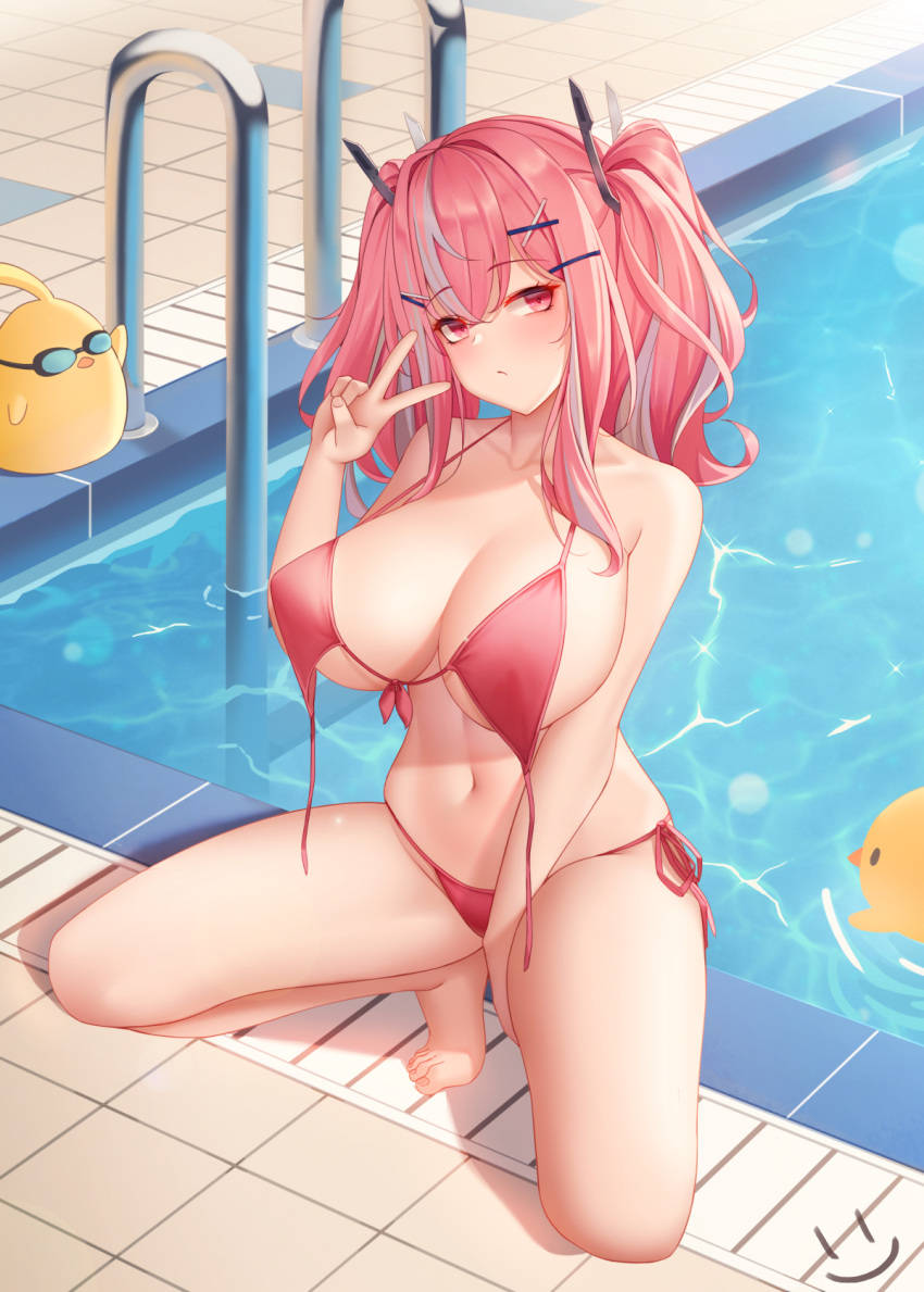 1girls azur_lane big_breasts bikini blush breasts bremerton_(azur_lane) cleavage female female_only hair_ornament hairclip large_breasts manjuu_(azur_lane) navel peace_sign pink_bikini pink_eyes pink_hair pool poolside red_bikini summer swimsuit twintails two-tone_hair untied_bikini untied_bikini_top v_sign wei_xiao