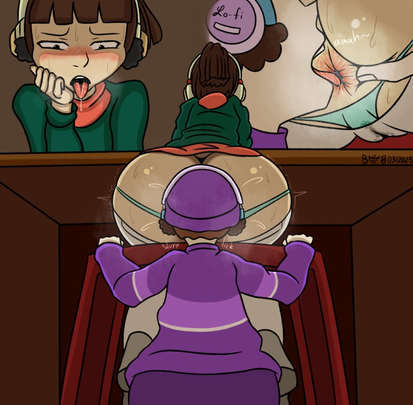 1boy 1girls 2025 ahe_gao anus ass ass_sniffing big_ass brown_hair butt_crack digital_media_(artwork) female green_panties green_sweater lofi_girl lowrise_jeans pussy_juice rimming rimming_female saliva_drip sniffing_ass straight studying sweat synthwave_boy van_batthaus wet_pussy white_pants