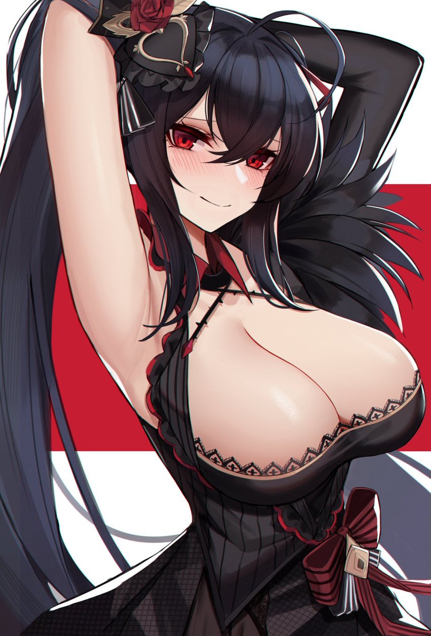 1girls armpits azur_lane black_hair blush breasts cleavage eternity_(shadeh) female female_only hair_ornament hands_behind_head large_breasts long_hair long_ponytail red_eyes sidelocks solo taihou_(azur_lane) very_long_hair