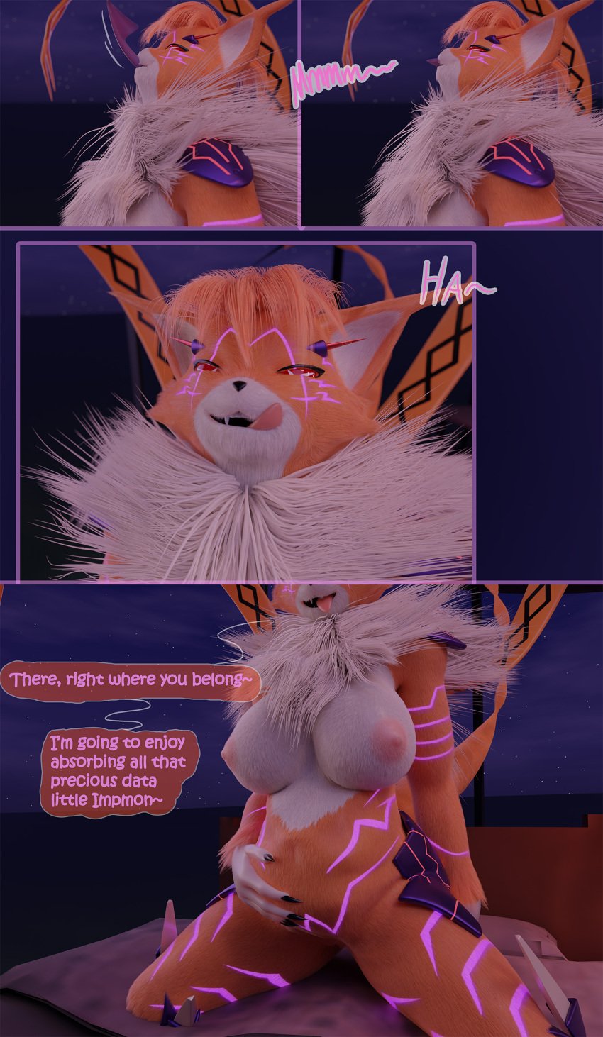 absorption_vore absurd_res anthro bandai_namco blender_(artwork) breasts comic digestion digimon digimon_(species) digital_media_(artwork) female female_pred genitals hi_res hiddenmask18 impmon licking licking_lips male male_prey meicrackmon meicrackmon_vicious_mode navel pussy solo speech_bubble swallowing tongue tongue_out vore vulva