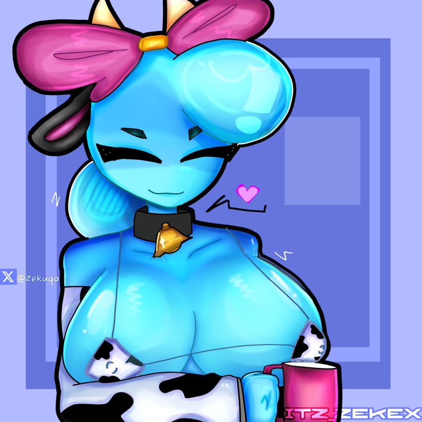 1girls big_breasts bikini blue_skin blue_skinned_female bow breasts bubble closed_eyes cow_bikini cow_ears cow_girl cow_horns cow_print cow_print_bikini cowbell cup dandy&#039;s_world female female_only finished itz_zekex milk nipples poppy_(dandy&#039;s_world) roblox tagme