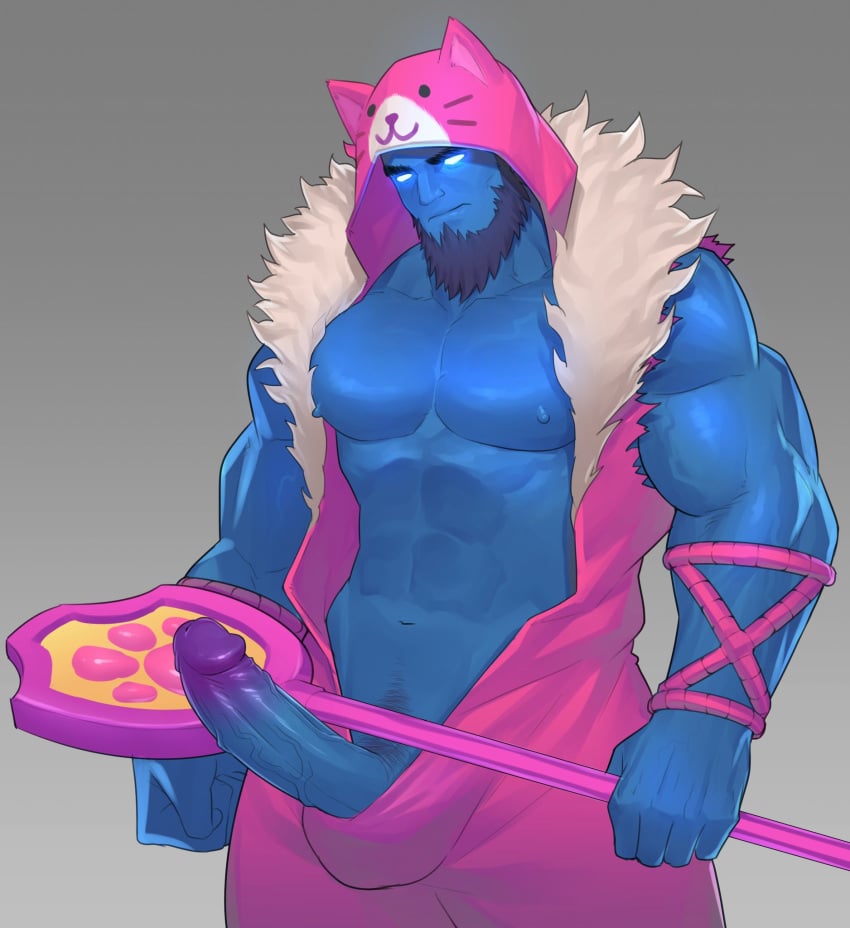 1boy abs animal_hood arm_hair bara bare_pectorals bare_shoulders beard blue_skin cat_hood chest_hair colored_skin costume_request erection facial_hair glowing glowing_eyes highres hood hunterkay large_pectorals league_of_legends male_focus male_only male_pubic_hair mature_male meowrick monster_boy muscular muscular_male navel navel_hair nipples open_clothes original pectorals penis pubic_hair short_hair stomach uncensored veins veiny_penis yorick