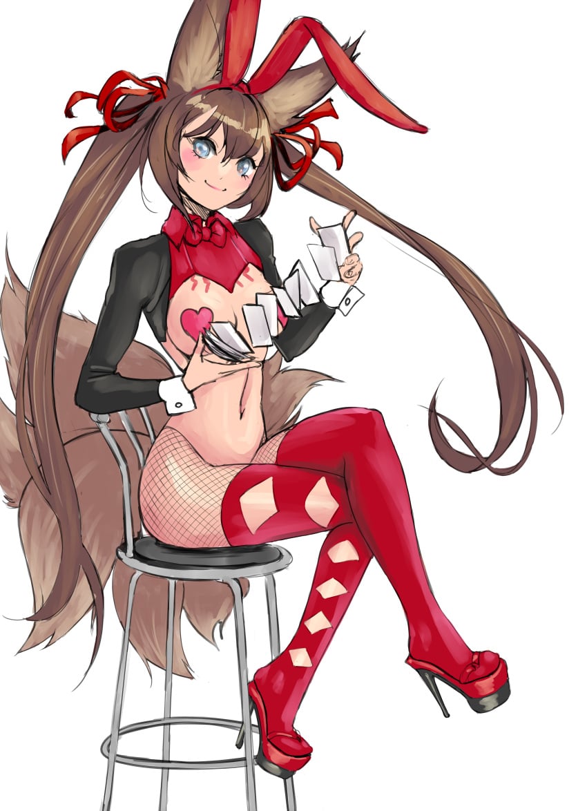 animal_ear_fluff animal_ears animal_tail blue_eyes blush bow bowtie breasts brown_hair bunnysuit caleen_keemosn card chair cleavage closed_mouth clothing clothing_cutout commission crossed_legs detached_collar elotika eyebrows_visible_through_hair fake_animal_ears female female fishnets footwear fox_ear fox_ears fox_girl fox_tail hair_between_eyes hair_ornament hair_ribbon hairband heart_cutout heart_pasties high_heels holding inverted_bunnysuit inverted_costume kemonomimi kitsune kitsunemimi large_breasts legwear long_hair looking_at_viewer meme_attire multiple_tails navel original pantyhose pasties platform_footwear platform_heels playboy_bunny rabbit_ears red_bow red_bowtie red_footwear red_ribbon revealing_clothes reverse_bunnysuit reverse_outfit ribbon runes shoes sitting smile solo star_ocean star_ocean_anamnesis stool tail thighhighs twintails very_long_hair wrist_cuffs