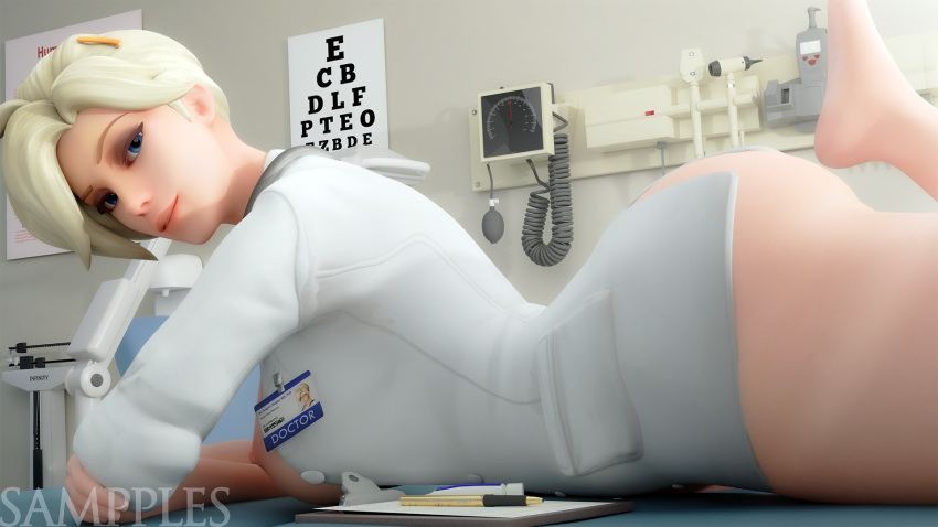 1girls 3d angela_ziegler ass big_ass big_breasts blizzard_entertainment blonde_hair bottomless breasts doctor exposed_ass exposed_breasts exposed_nipples eye_chart female female_only id_card labcoat looking_at_viewer mercy overwatch sampples thick_thighs voluptuous