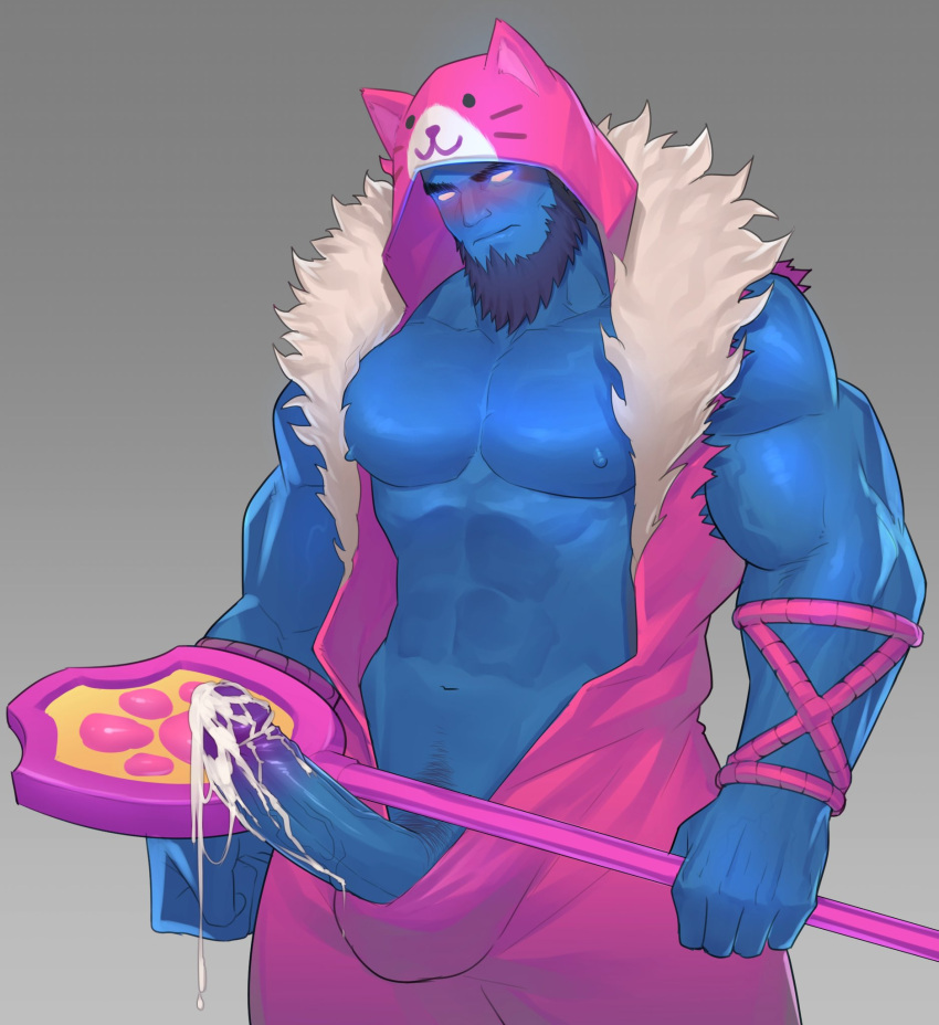 1boy abs animal_hood arm_hair bara bare_pectorals bare_shoulders beard blue_skin blush cat_hood chest_hair colored_skin costume_request cum erection facial_hair glowing glowing_eyes highres hood hunterkay large_pectorals league_of_legends male_focus male_only male_pubic_hair mature_male meowrick monster_boy muscular muscular_male navel navel_hair nipples open_clothes original pectorals penis pubic_hair short_hair stomach uncensored veins veiny_penis yorick