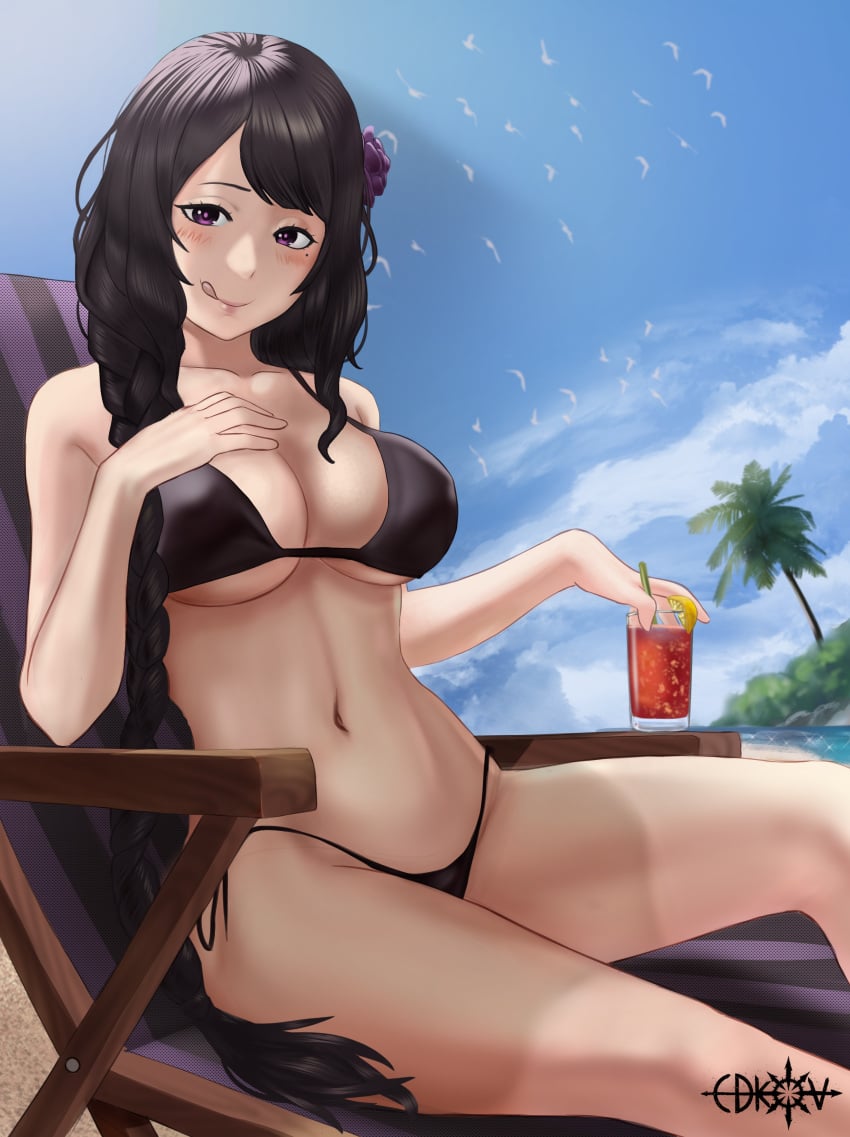 1girls :q absurdres artist_name bangs bare_shoulders beach bikini bird black_bikini black_hair black_swimsuit blue_sky blush braid braided_ponytail breasts chair cleavage closed_mouth clothing cloud collarbone cup day dot_nose drink drinking_glass drinking_straw edkov edkov elsa_granhilte eyebrows eyelashes feet_out_of_frame female female_focus fit_female flower from_behind hair_flower hair_ornament hand_on_own_chest highres holding holding_cup inner_sideboob large_breasts licking_lips long_hair looking_at_viewer mole mole_under_eye naughty_face navel ocean original outdoors palm_tree png purple_eyes purple_flower purple_rose re:zero_kara_hajimeru_isekai_seikatsu rose sand side-tie_bikini_bottom sitting sky smile solo swimsuit table thighs toned toned_female tongue tongue_out tree underboob very_long_hair