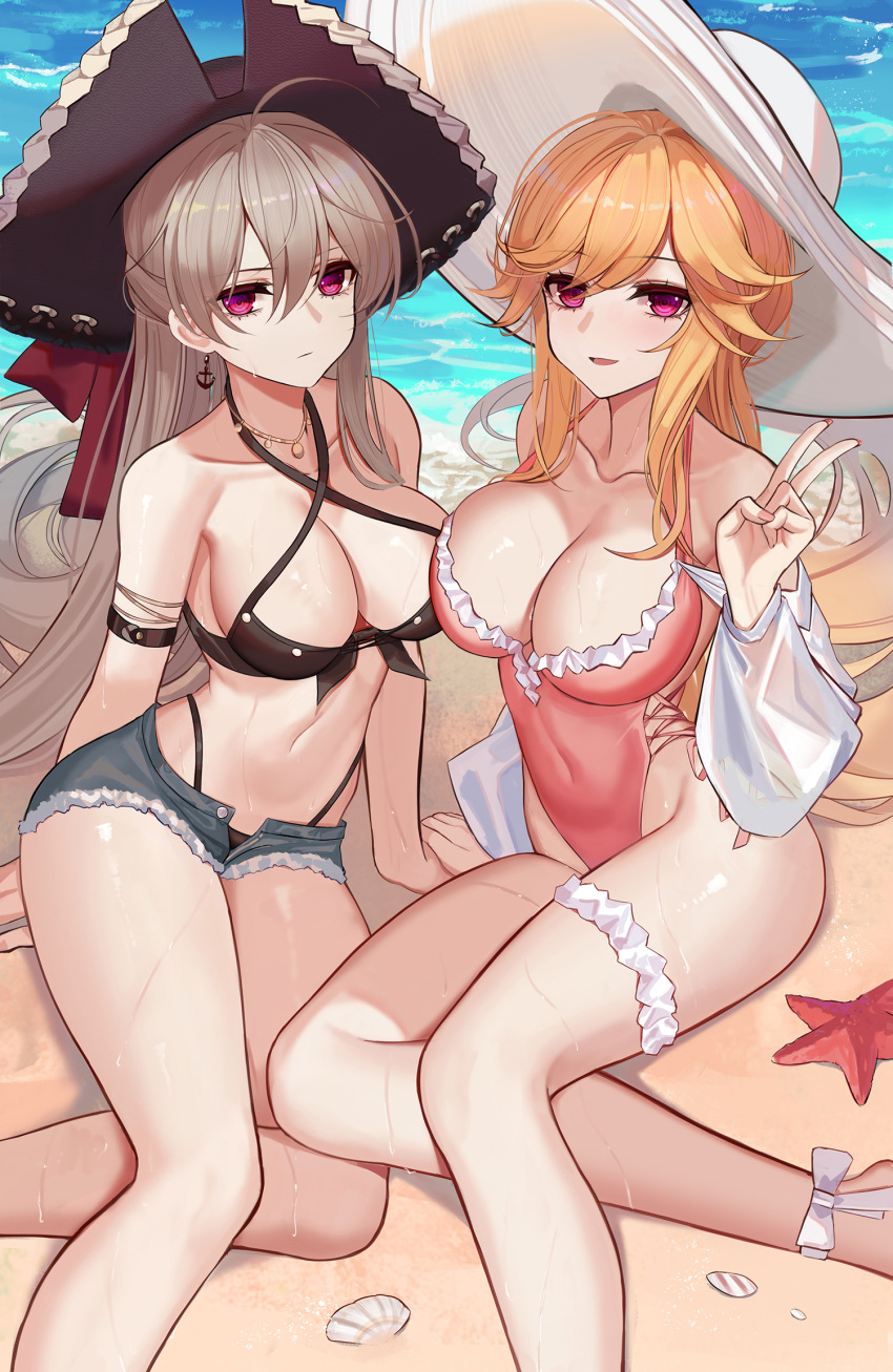 2girls azur_lane beach blonde_female brown_hair cleavage earrings eternity_(shadeh) female female_only hat iris_libre_(azur_lane) jean_bart_(azur_lane) jean_bart_(private_après_midi)_(azur_lane) legs light-skinned_female light_skin long_hair necklace ocean one-piece_swimsuit orange_hair peace_sign richelieu_(azur_lane) richelieu_(fleuron_of_the_waves)_(azur_lane) sand starfish swimsuit very_long_hair vichya_dominion_(azur_lane) water wet_skin