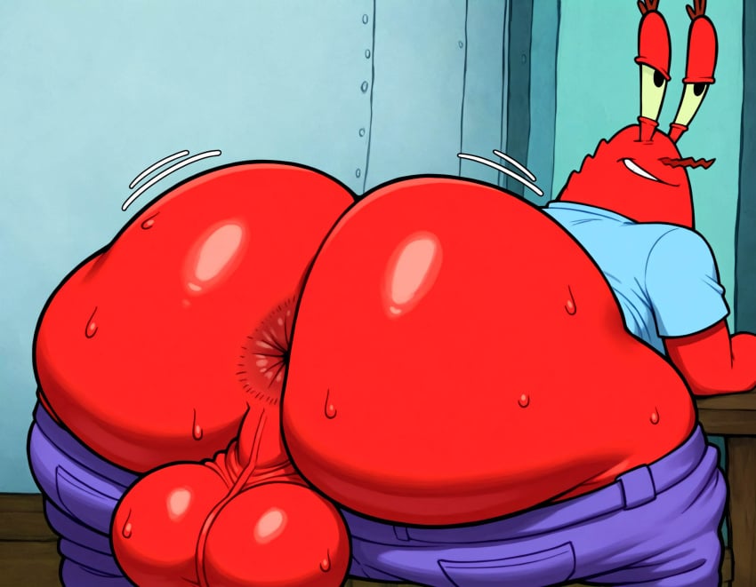1boy ai_generated anthro anus ass ass_focus balls ballsack belt big_ass big_balls blue_pants blue_shirt clothing crab crustacean dilf dumptruck_ass enormous_ass enormous_balls fat_ass genitals gigantic_ass gigantic_balls huge_ass huge_balls indoors large_ass large_balls male male_only marine massive_ass massive_balls matronai_(artist) mature mature_male mr_krabs nickelodeon plump plump_ass red_body shirt solo solo_focus solo_male spongebob_squarepants sweat sweating testicles thick_ass