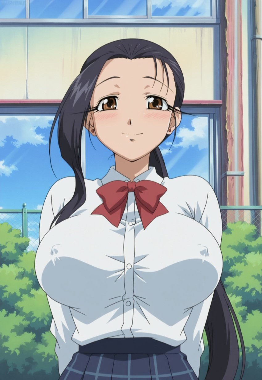 1girls ai_generated amaenaideyo amaenaideyo!! black_hair blush bowtie breasts buttoned_shirt closed_eyes collared_shirt erect_nipples female hands_behind_back indoors large_breasts long_hair looking_at_viewer mature_female miyako_amanogawa ponytail school_uniform skirt smile