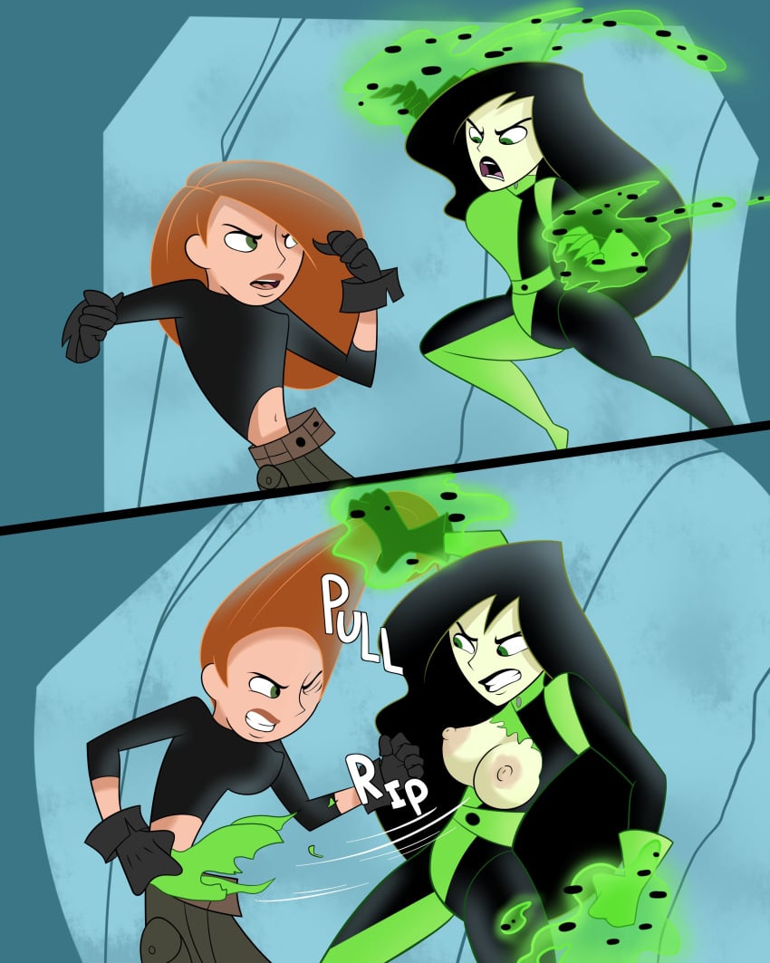 2girls bodysuit breasts_out clothed clothing dark_green_hair female female_only green_body green_eyes green_skin kim_possible kimberly_ann_possible long_hair looking_at_viewer nipples one_eye_closed orange_hair scrabble007 shego torn_bodysuit torn_clothes torn_clothing