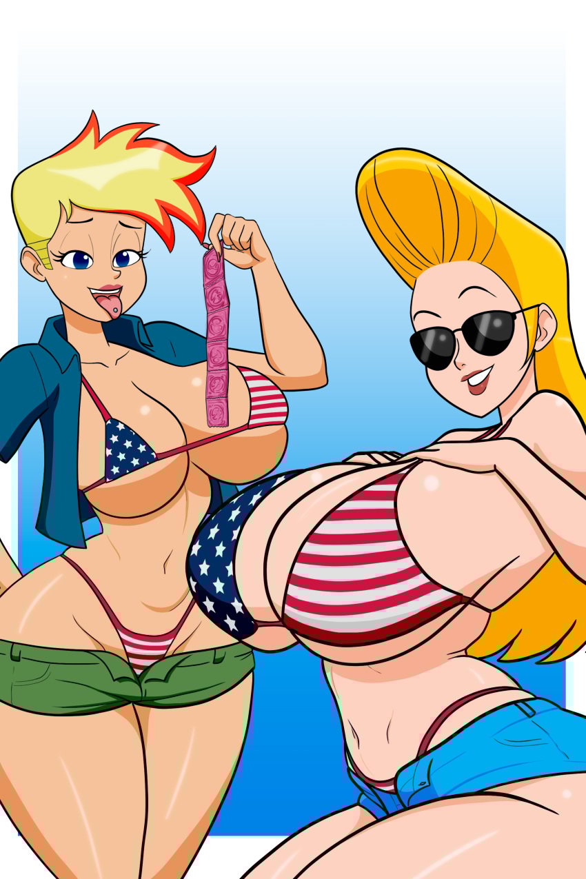 american_flag_bikini big_ass big_breasts blonde_hair blue_eyes cartoon_network genderswap jenny_bravo jenny_test johnny_bravo johnny_bravo_(series) johnny_test johnny_test_(series) large_ass large_breasts rule_63 thick_thighs wide_hips zurc014