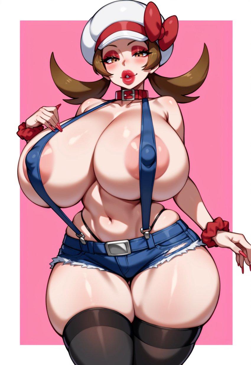 1girls ai_generated areola areolae arm_at_side bare_arms bare_shoulders barely_clothed belt_buckle belt_collar bimbo bimbo_body bimbo_lips bimbofication bimbofied blush bob_cut breasts breasts_bigger_than_head brown_eyes brown_hair collar collarbone colored_nails denim eyeshadow female game_freak gigantic_breasts hand_up hat hat_bow huge_ass huge_breasts legs_together lipstick long_nails looking_at_viewer lyra_(pokemon) makeup massive_breasts micro_shorts mostly_nude navel nipple_bulge novelai pokemon pokemon_hgss puckered_lips seductive seductive_eyes seductive_look seductive_smile shorts sidelocks simple_background skindentation smile solo solo_female suspenders tgm101_(artist) thick_lips thick_thighs thigh_clothes thighhighs thin_waist thong tight_clothing torn_clothes torn_shorts twintails wide_hips wrist_scrunchie