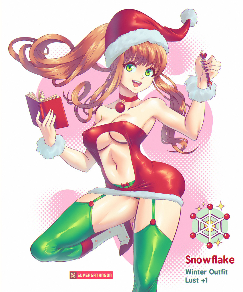 1girls absurdres bimbo breasts brown_hair choker christmas cleavage doki_doki_literature_club female female_only green_eyes green_stockings heart_pen highres long_hair looking_at_viewer medium_breasts monika_(doki_doki_literature_club) ornament pen ponytail red_dress santa_hat snowflake solo stockings supersatanson thick_thighs