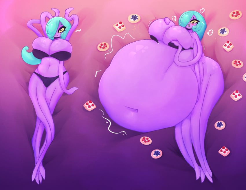 alien alien_girl anthro belly belly_rub belly_rub_request belly_rubbing big_belly big_breasts big_hips bloated_belly bloated_stomach breast_press breast_squeeze breast_squish breasts cephalopod cephalopod_eyes cephalopod_humanoid cyan_hair digest digesting digestion digestion_noises enigmafather female full_belly full_stomach groaning_belly gurgling_belly gut inviting lingerie lingerie_only massive_belly mysterydad pastries pastry purple_body rubbing_belly rumbling_stomach seductive seductive_look seductive_pose stomach stuffed_belly stuffing stuffing_(food) suggestive_pose swollen_stomach tagme tentacle_arms tentacle_legs yellow_eyes
